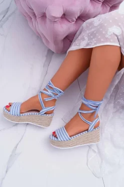 Sandały Damskie Na Koturnie Platformie Lniane Wiązane Błękitne Jolyn