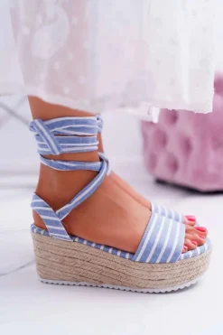 Sandały Damskie Na Koturnie Platformie Lniane Wiązane Błękitne Jolyn