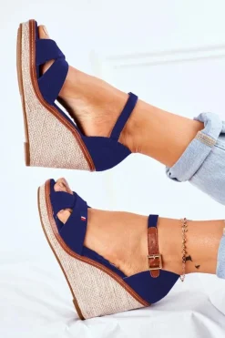 Sandały Damskie Na Koturnie Granatowe LaMane