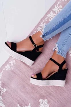 Sandały Damskie Na Koturnie Lniane Czarne Liviana