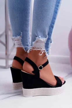 Sandały Damskie Na Koturnie Lniane Czarne Liviana