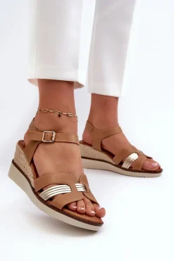 Sandały Damskie Na Koturnie Z Plecionką Brązowe Starlenna