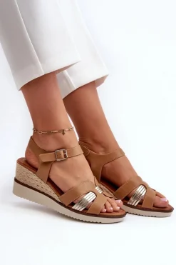 Sandały Damskie Na Koturnie Z Plecionką Brązowe Starlenna
