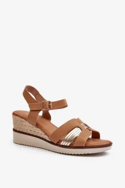 Sandały Damskie Na Koturnie Z Plecionką Brązowe Starlenna