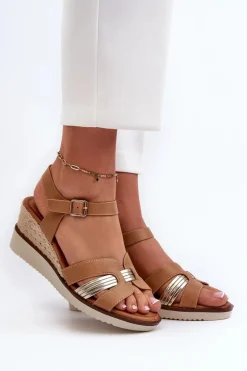 Sandały Damskie Na Koturnie Z Plecionką Brązowe Starlenna
