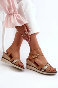 Sandały Damskie Na Koturnie Z Plecionką Brązowe Starlenna