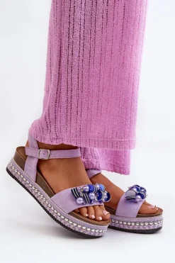 Sandały Damskie Na Koturnie I Platformie Z Ozdobami S.Barski HY056 Fioletowe