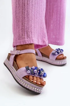 Sandały Damskie Na Koturnie I Platformie Z Ozdobami S.Barski HY056 Fioletowe