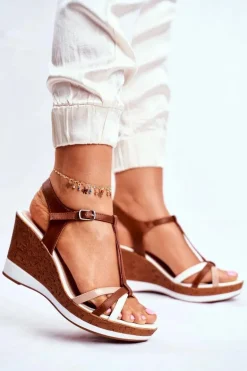 Sandały Damskie Na Koturnie Sergio Leone Brązowe SK308