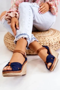 Sandały Damskie Na Koturnie Big Star JJ274938 Granatowe