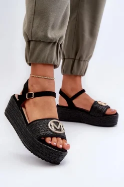 Sandały Damskie Na Koturnie Z Plecionką Czarne Esalena