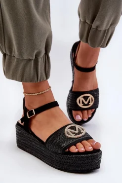 Sandały Damskie Na Koturnie Z Plecionką Czarne Esalena