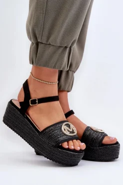 Sandały Damskie Na Koturnie Z Plecionką Czarne Esalena