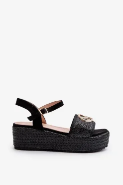 Sandały Damskie Na Koturnie Z Plecionką Czarne Esalena