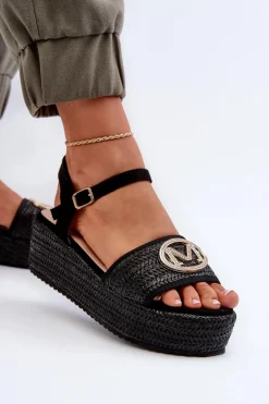 Sandały Damskie Na Koturnie Z Plecionką Czarne Esalena