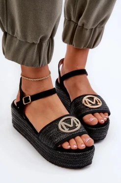 Sandały Damskie Na Koturnie Z Plecionką Czarne Esalena