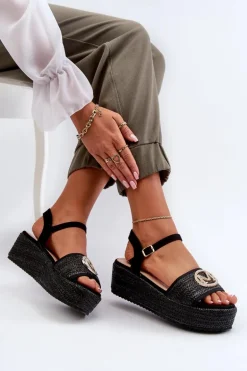 Sandały Damskie Na Koturnie Z Plecionką Czarne Esalena