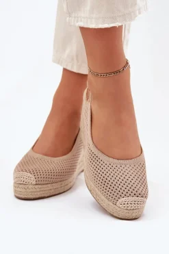 Sandały Damskie Na Koturnie Z Plecionką Ciemnobeżowe Tulliata