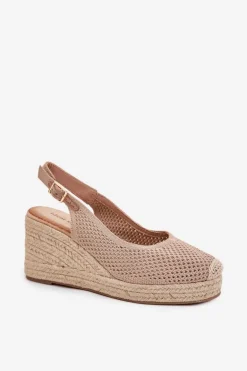Sandały Damskie Na Koturnie Z Plecionką Ciemnobeżowe Tulliata