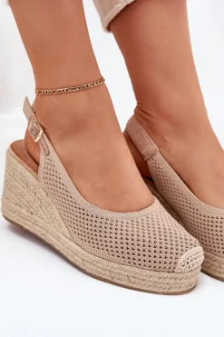 Sandały Damskie Na Koturnie Z Plecionką Ciemnobeżowe Tulliata