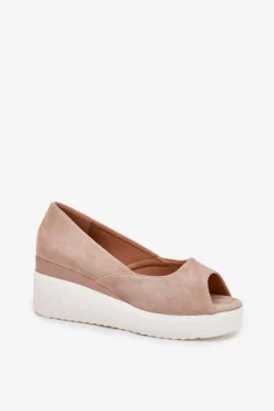 Sandały Damskie Na Koturnie Z Eko Zamszu Beżowe Velira