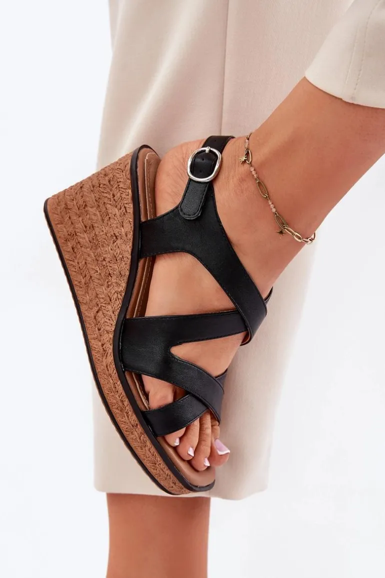 Sandały Damskie Na Koturnie Sergio Leone SK223 Czarne