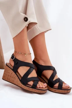 Sandały Damskie Na Koturnie Sergio Leone SK223 Czarne