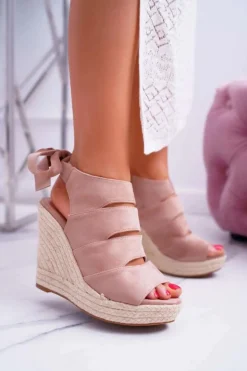 Sandały Damskie Na Koturnie Lniane Wiązane Beżowe Cantare