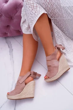 Sandały Damskie Na Koturnie Lniane Wiązane Beżowe Cantare