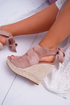 Sandały Damskie Na Koturnie Lniane Wiązane Beżowe Cantare
