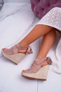 Sandały Damskie Na Koturnie Lniane Wiązane Beżowe Cantare