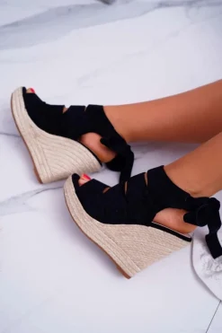 Sandały Damskie Na Koturnie Lniane Wiązane Czarne Cantare