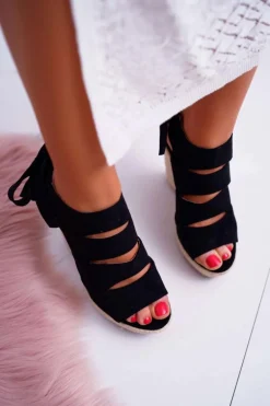 Sandały Damskie Na Koturnie Lniane Wiązane Czarne Cantare