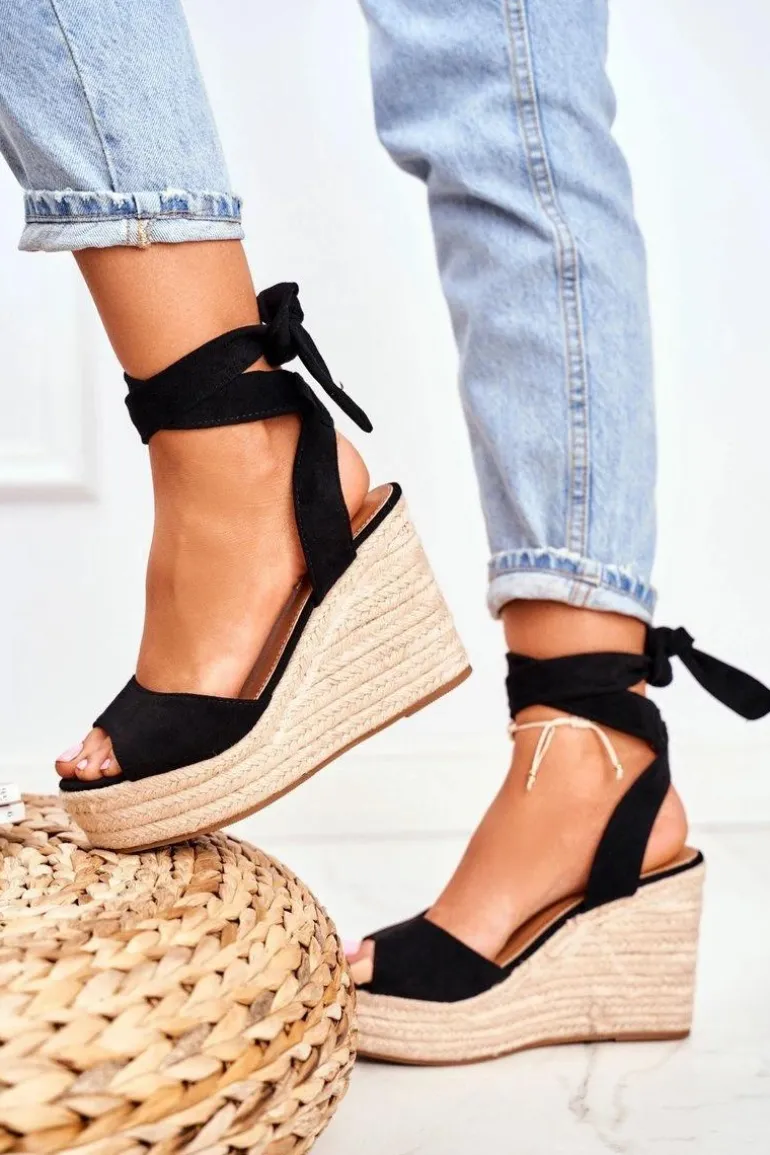 Sandały Damskie Na Koturnie Espadryle Czarny Ollie