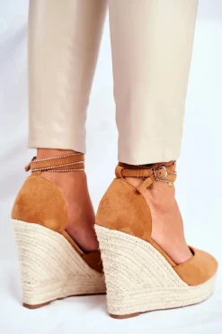 Sandały Damskie Na Koturnie Lniane Camel Canterola