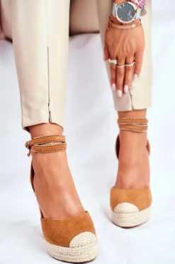 Sandały Damskie Na Koturnie Lniane Camel Canterola