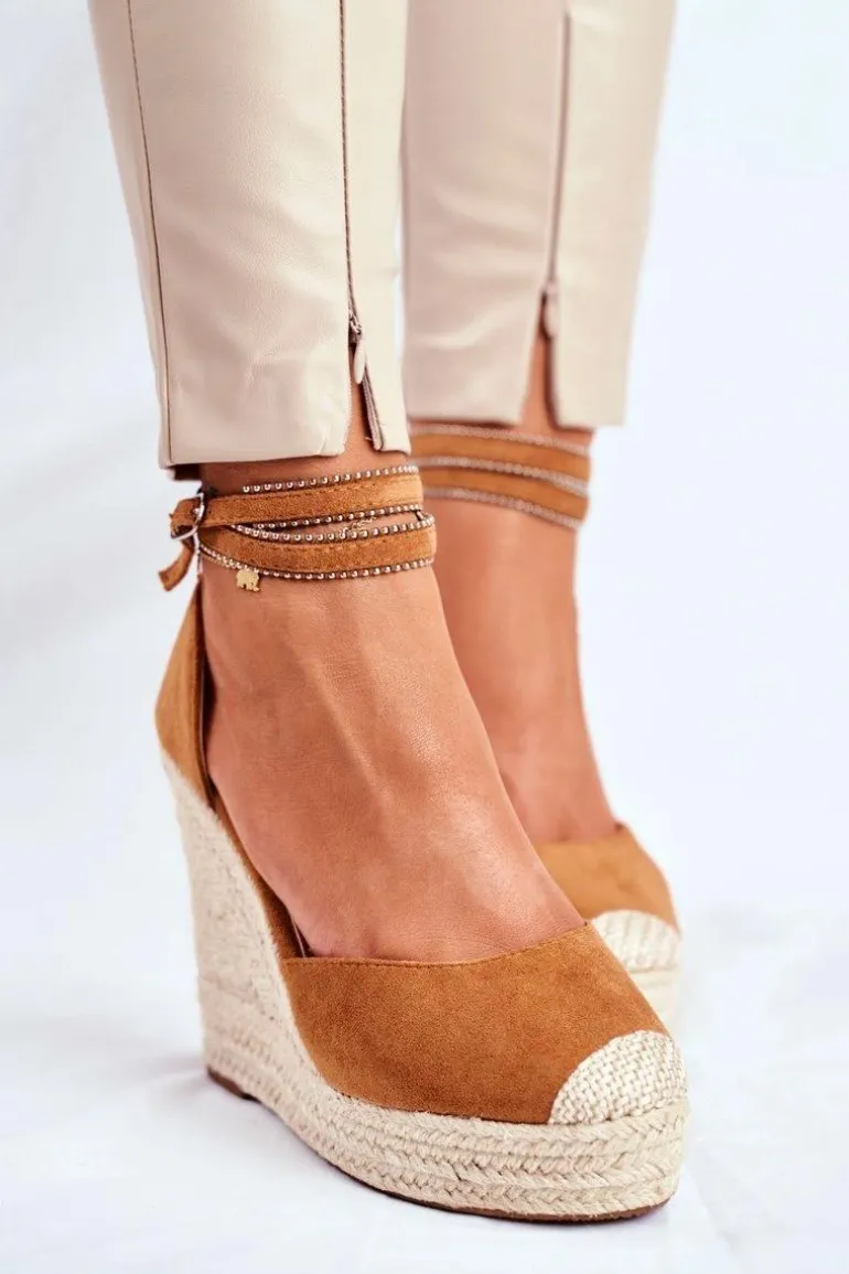 Sandały Damskie Na Koturnie Lniane Camel Canterola