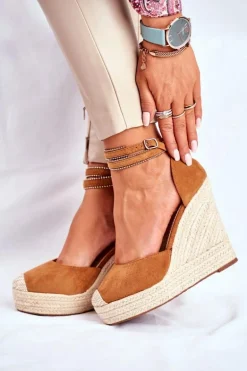 Sandały Damskie Na Koturnie Lniane Camel Canterola