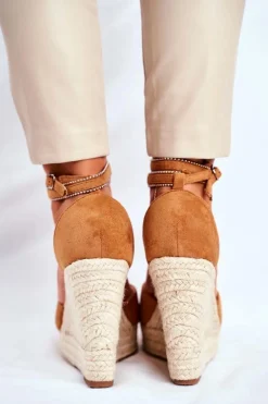 Sandały Damskie Na Koturnie Lniane Camel Canterola