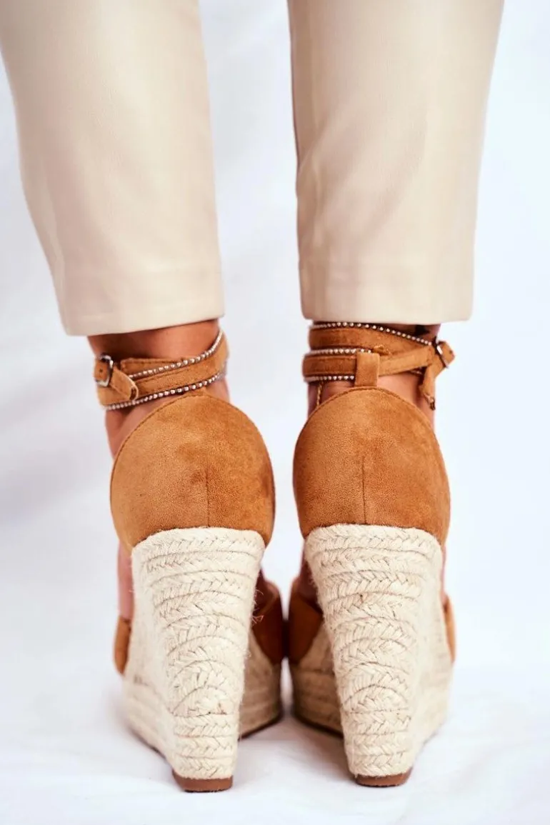 Sandały Damskie Na Koturnie Lniane Camel Canterola