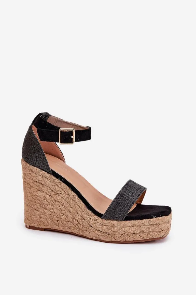 Sandały Damskie Na Koturnie Z Plecionką Czarne Adelio