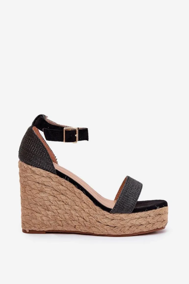 Sandały Damskie Na Koturnie Z Plecionką Czarne Adelio