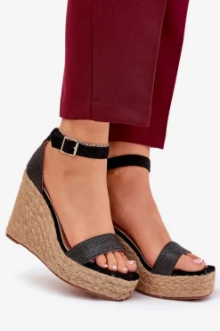 Sandały Damskie Na Koturnie Z Plecionką Czarne Adelio
