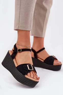 Sandały Damskie Na Koturnie Z Klamrą Czarne Liniella