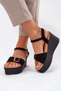 Sandały Damskie Na Koturnie Z Klamrą Czarne Liniella