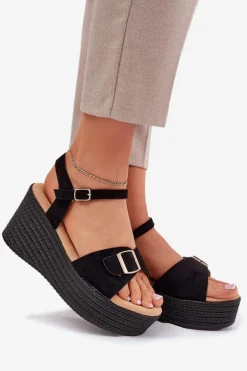 Sandały Damskie Na Koturnie Z Klamrą Czarne Liniella