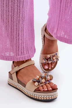 Sandały Damskie Na Koturnie I Platformie Z Ozdobami S.Barski HY056 Beżowe