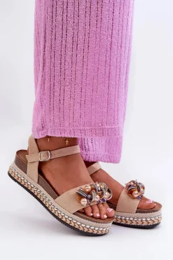 Sandały Damskie Na Koturnie I Platformie Z Ozdobami S.Barski HY056 Beżowe