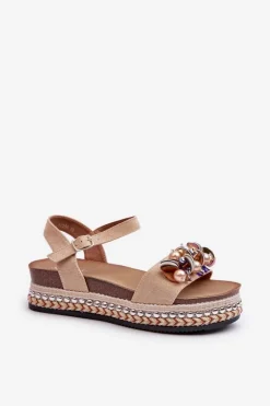 Sandały Damskie Na Koturnie I Platformie Z Ozdobami S.Barski HY056 Beżowe