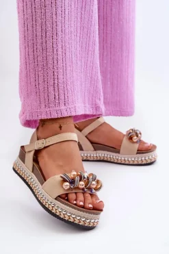 Sandały Damskie Na Koturnie I Platformie Z Ozdobami S.Barski HY056 Beżowe